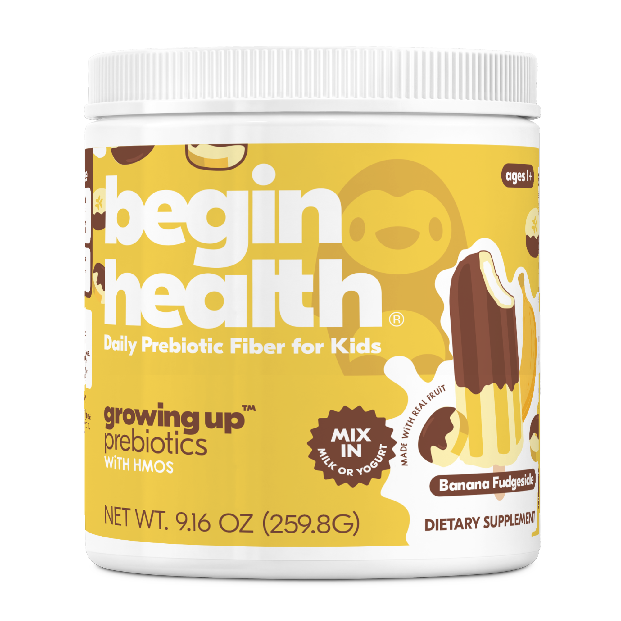 Child holding a container of prebiotics while lying on a couch.