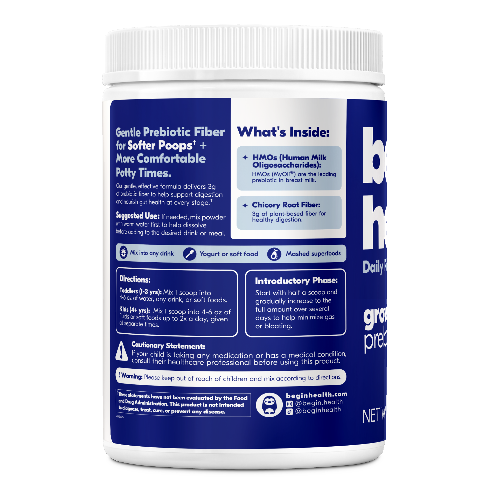 Child holding a container of prebiotics while lying on a couch.