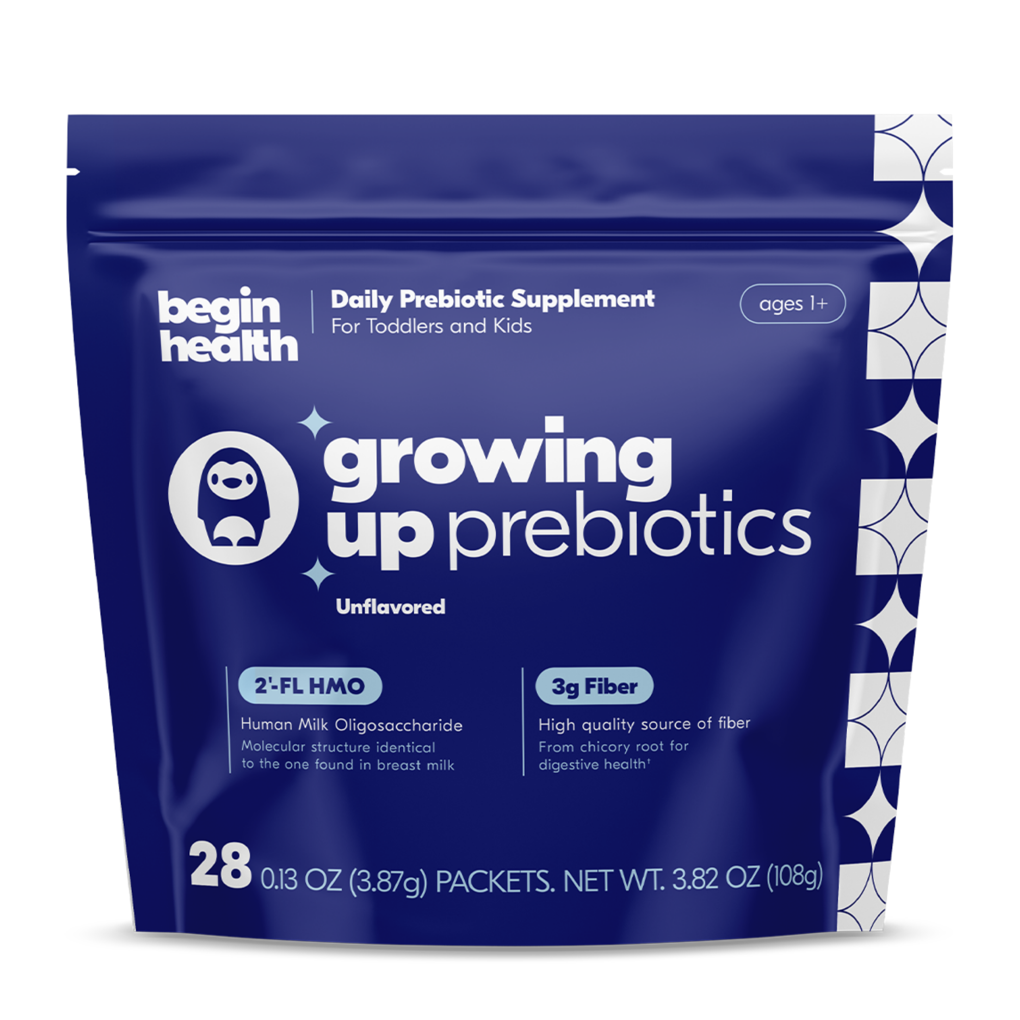 Child holding a container of prebiotics while lying on a couch.