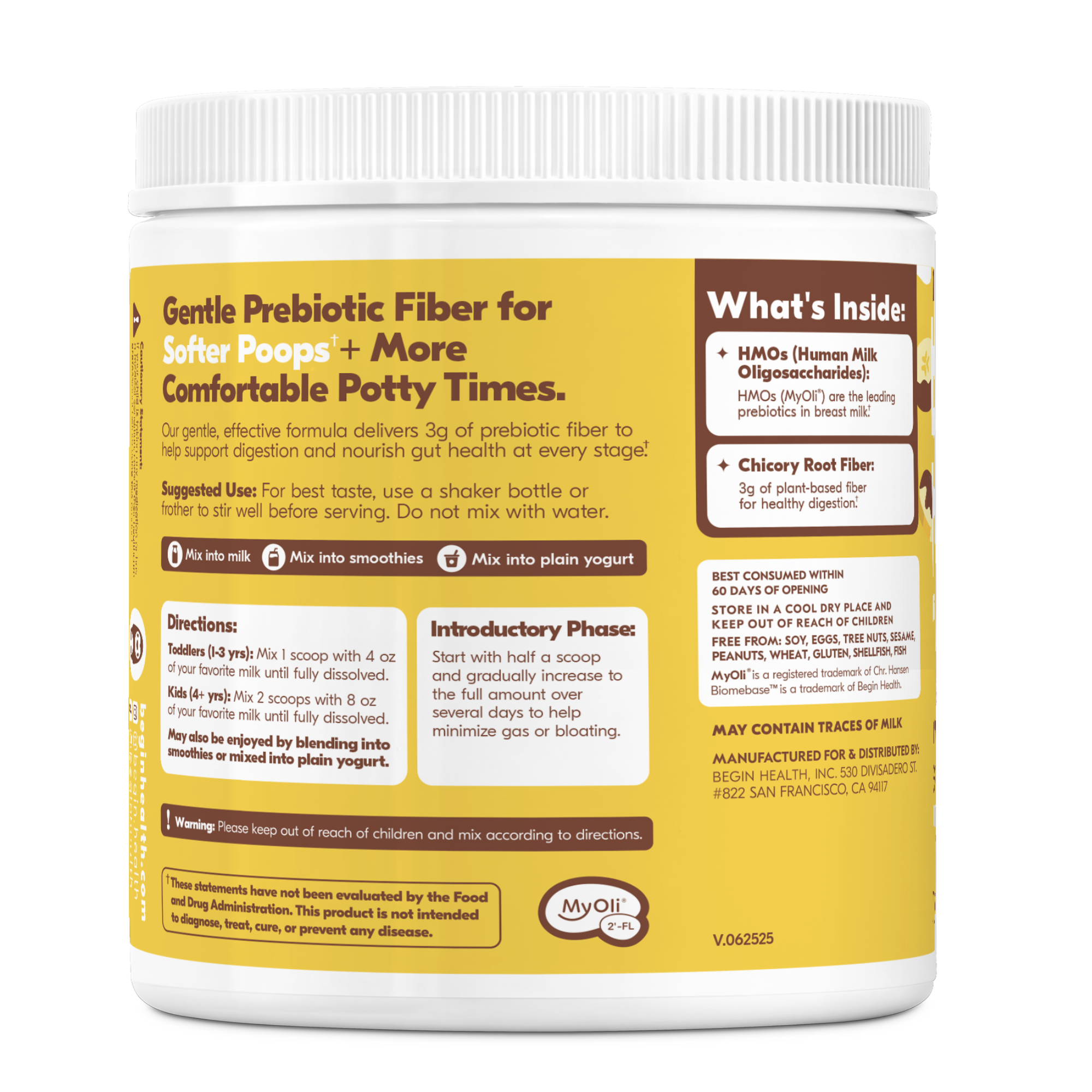 Child holding a container of prebiotics while lying on a couch.