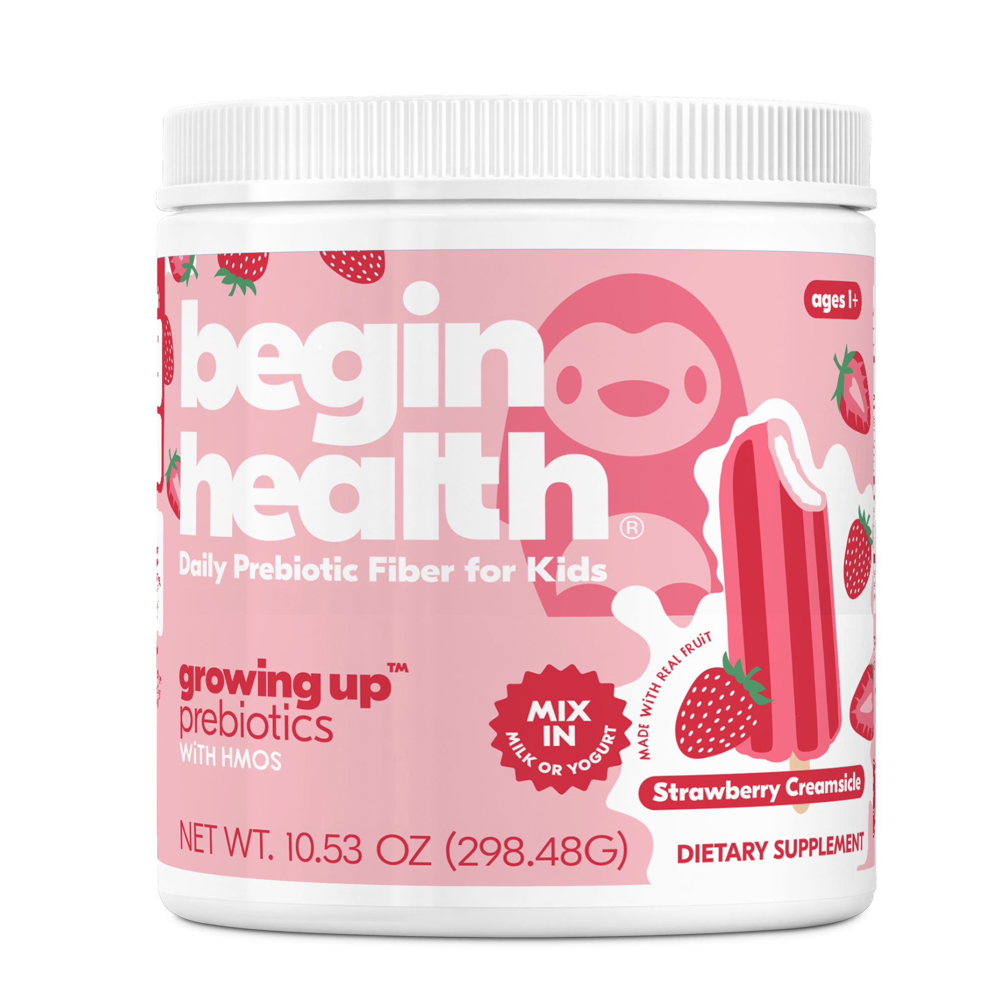 Child holding a container of prebiotics while lying on a couch.