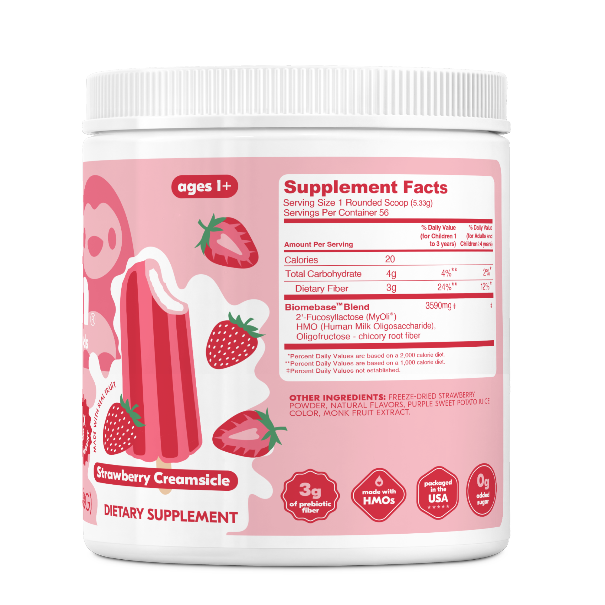 Child holding a container of prebiotics while lying on a couch.