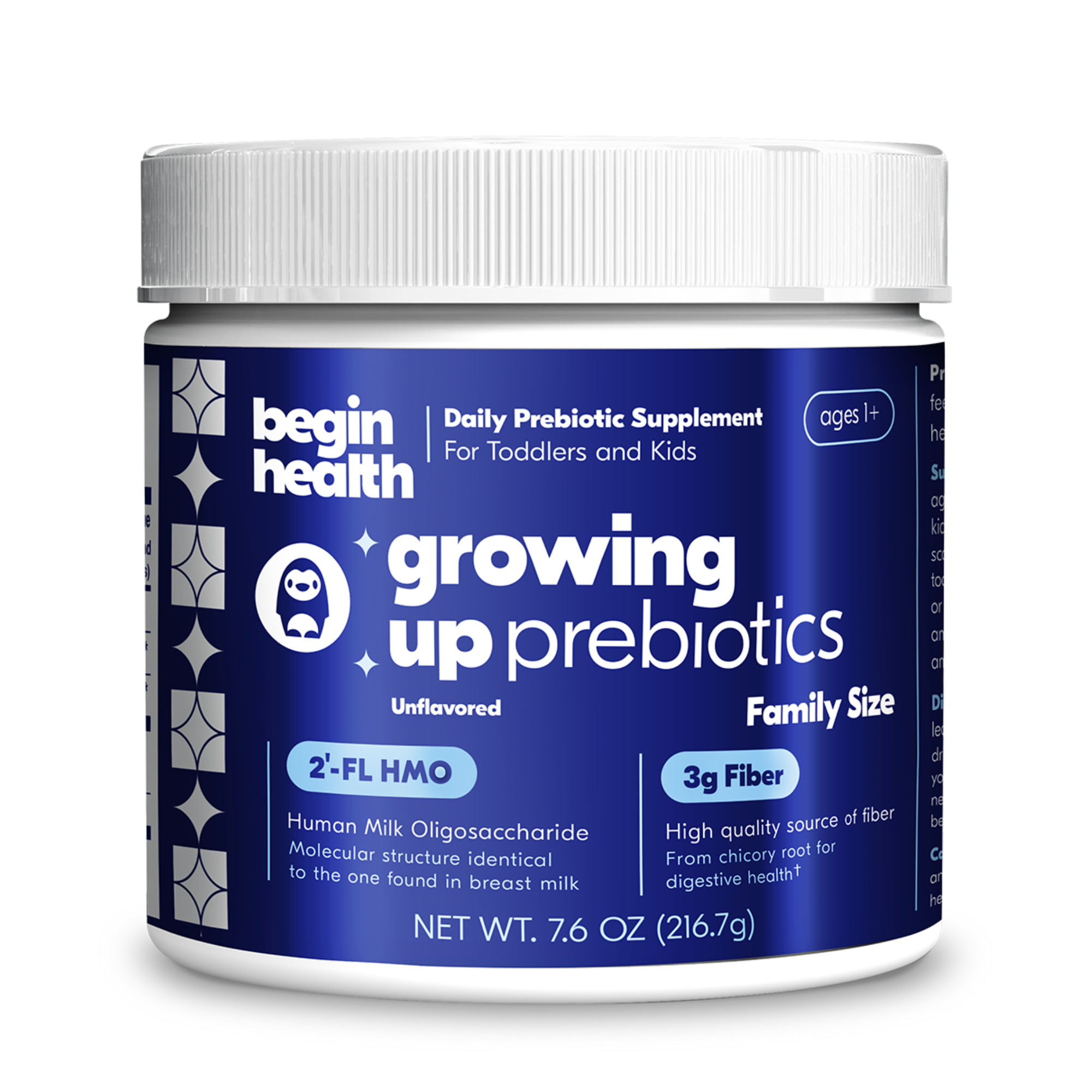 Child holding a container of prebiotics while lying on a couch.