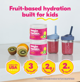 fruit based hydration built for kids. made in the usa, 3 real fruits, 2g prebiotic fiber, 2x mg forms